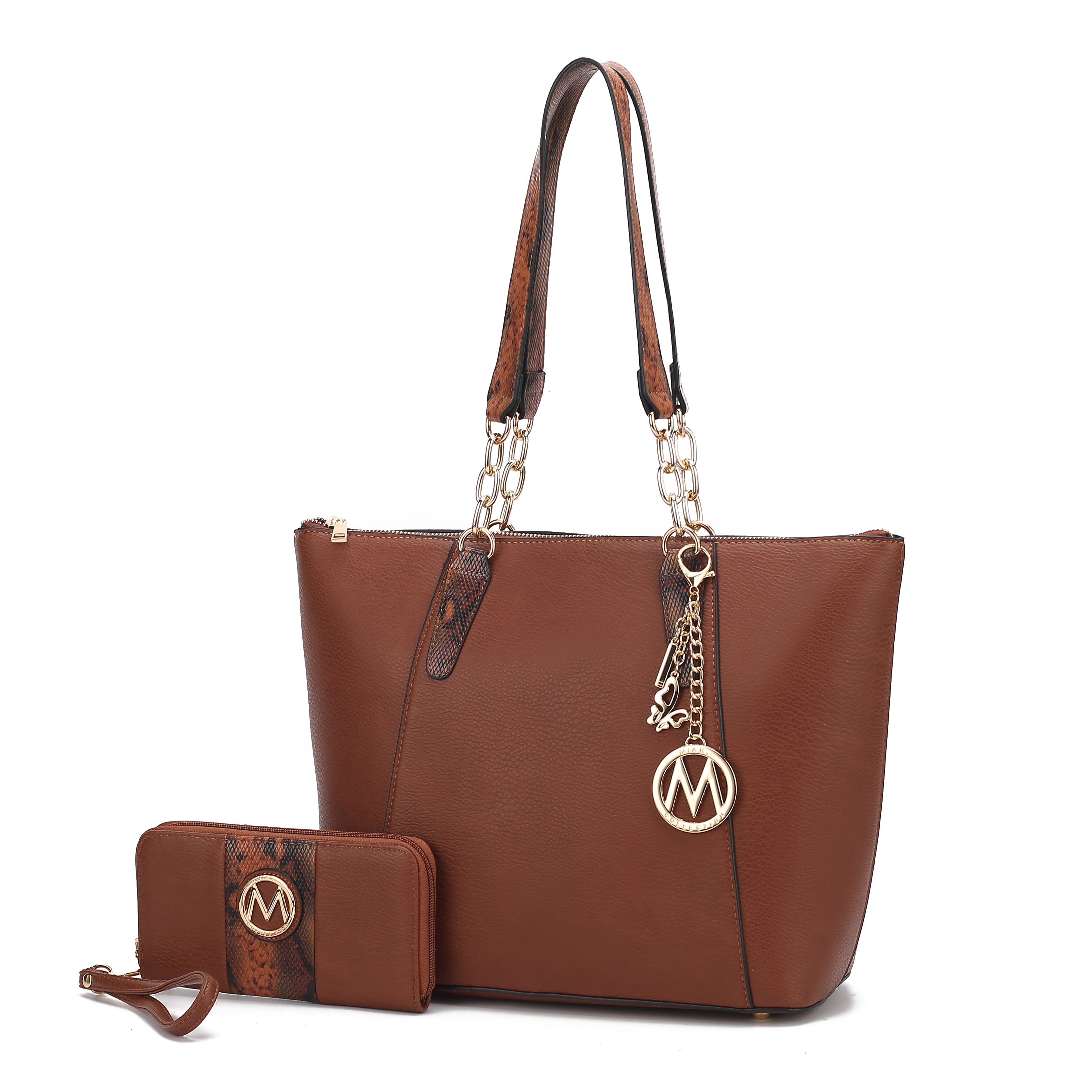 A brown tote bag with gold-tone hardware and a matching wallet, both featuring an 'M' logo emblem.