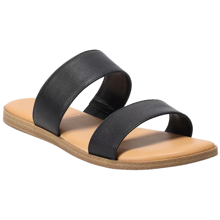 Black Lauren Conrad sandals featuring two wide straps, a tan cushioned footbed, and a flat brown sole.