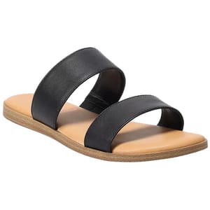 Black Lauren Conrad sandals featuring two wide straps, a tan cushioned footbed, and a flat brown sole.
