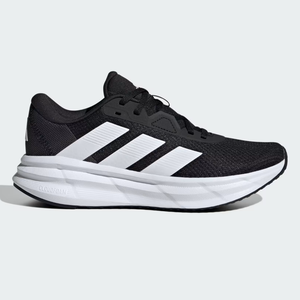 Black Adidas Galaxy 7 running shoes with white stripes and a Cloudfoam midsole, featuring a breathable mesh upper.
