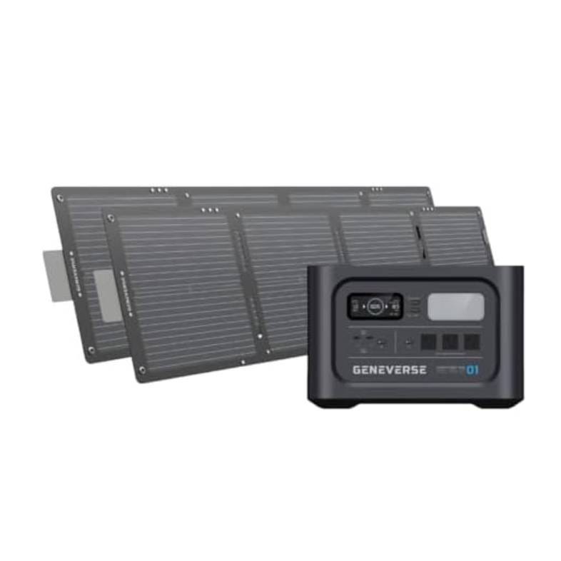 Portable power station with attached solar panels, branded \“Geneverse.\“