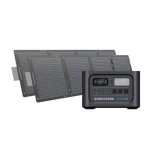 Portable power station with attached solar panels, branded \“Geneverse.\“