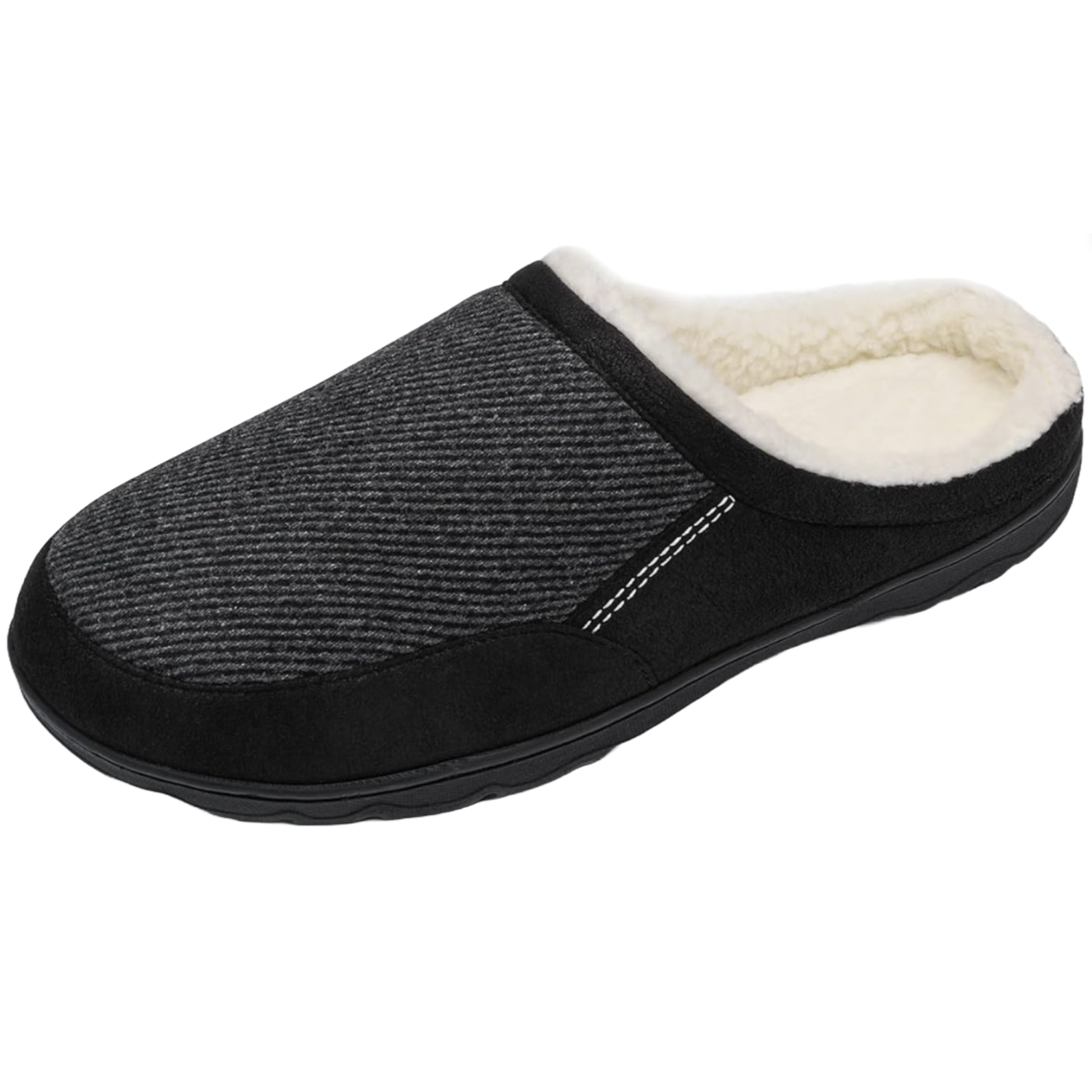 A pair of men's slippers with a black and gray upper, white fleece lining, and a black sole for indoor use.