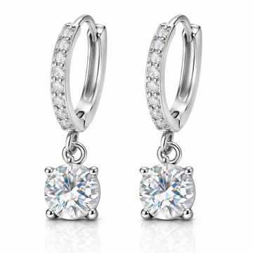 Silver hoop earrings with small diamonds on the hoops and a large round diamond drop.