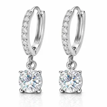 Silver hoop earrings with small diamonds on the hoops and a large round diamond drop.