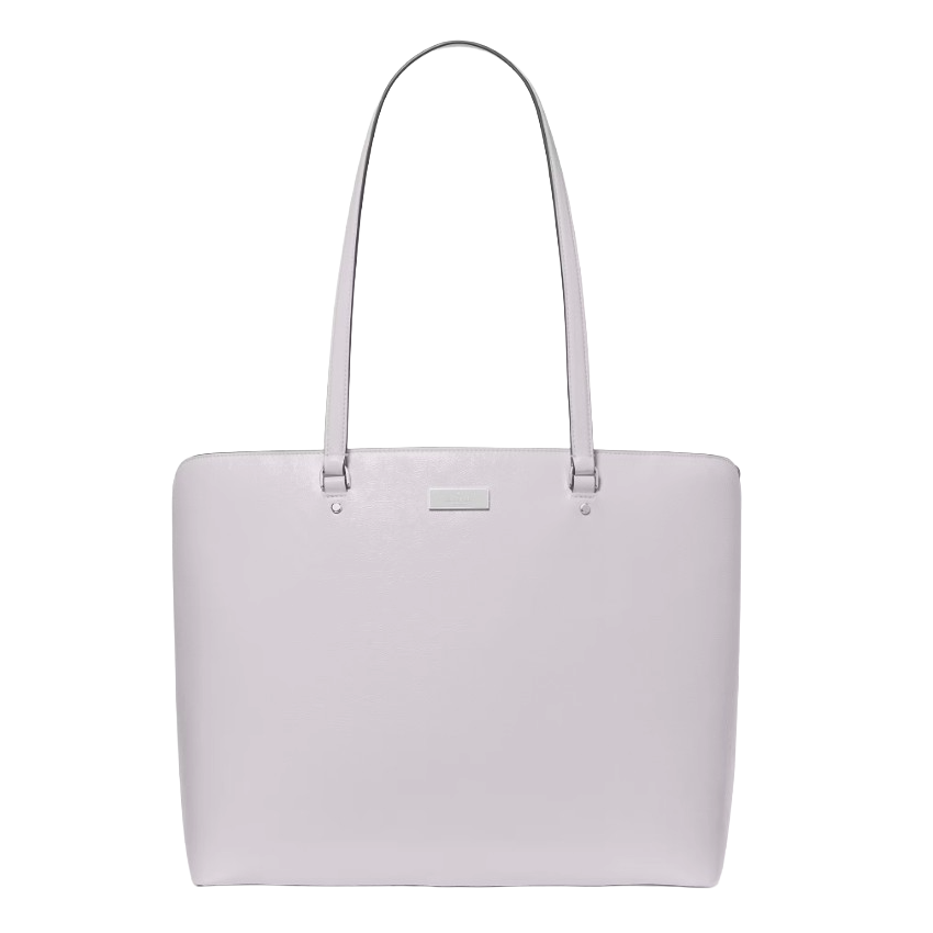 A light lavender tote bag with a minimalist design, featuring long straps and a small rectangular metal accent below the top edge.