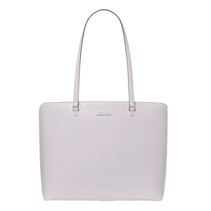 A light lavender tote bag with a minimalist design, featuring long straps and a small rectangular metal accent below the top edge.