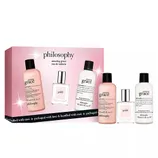 Philosophy Amazing Grace eau de toilette gift set includes a shampoo, shower gel, body lotion, and fragrance spray in pink and white packaging.