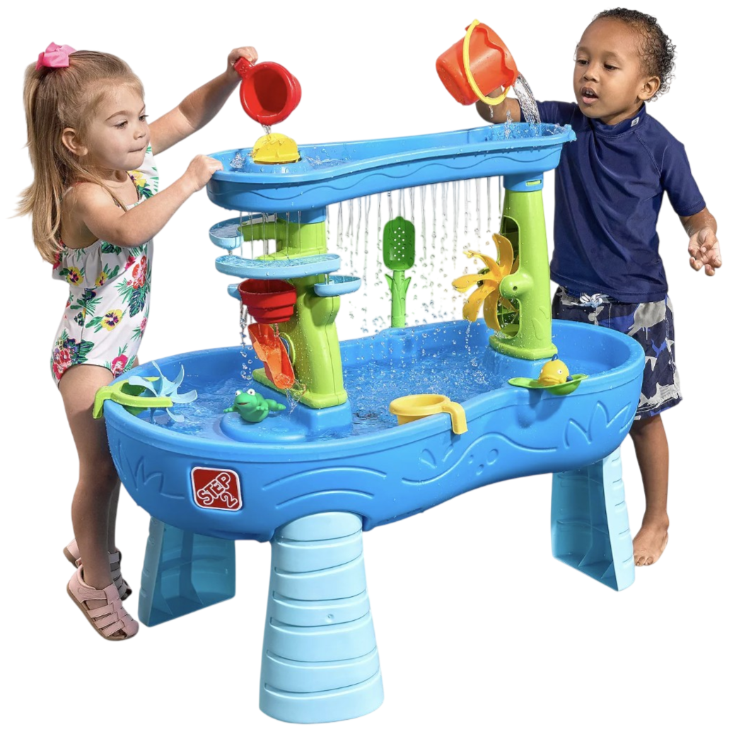 Children playing with a Step2 water table featuring multiple levels, water wheels, and accessories for interactive water play.