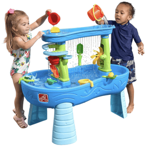 Children playing with a Step2 water table featuring multiple levels, water wheels, and accessories for interactive water play.