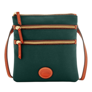 A green crossbody bag with three gold-zippered compartments and a brown adjustable strap, featuring a leather logo patch at the front.