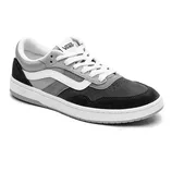 A Vans sneaker featuring a black, gray, and white color scheme with a suede texture and signature white side stripe.