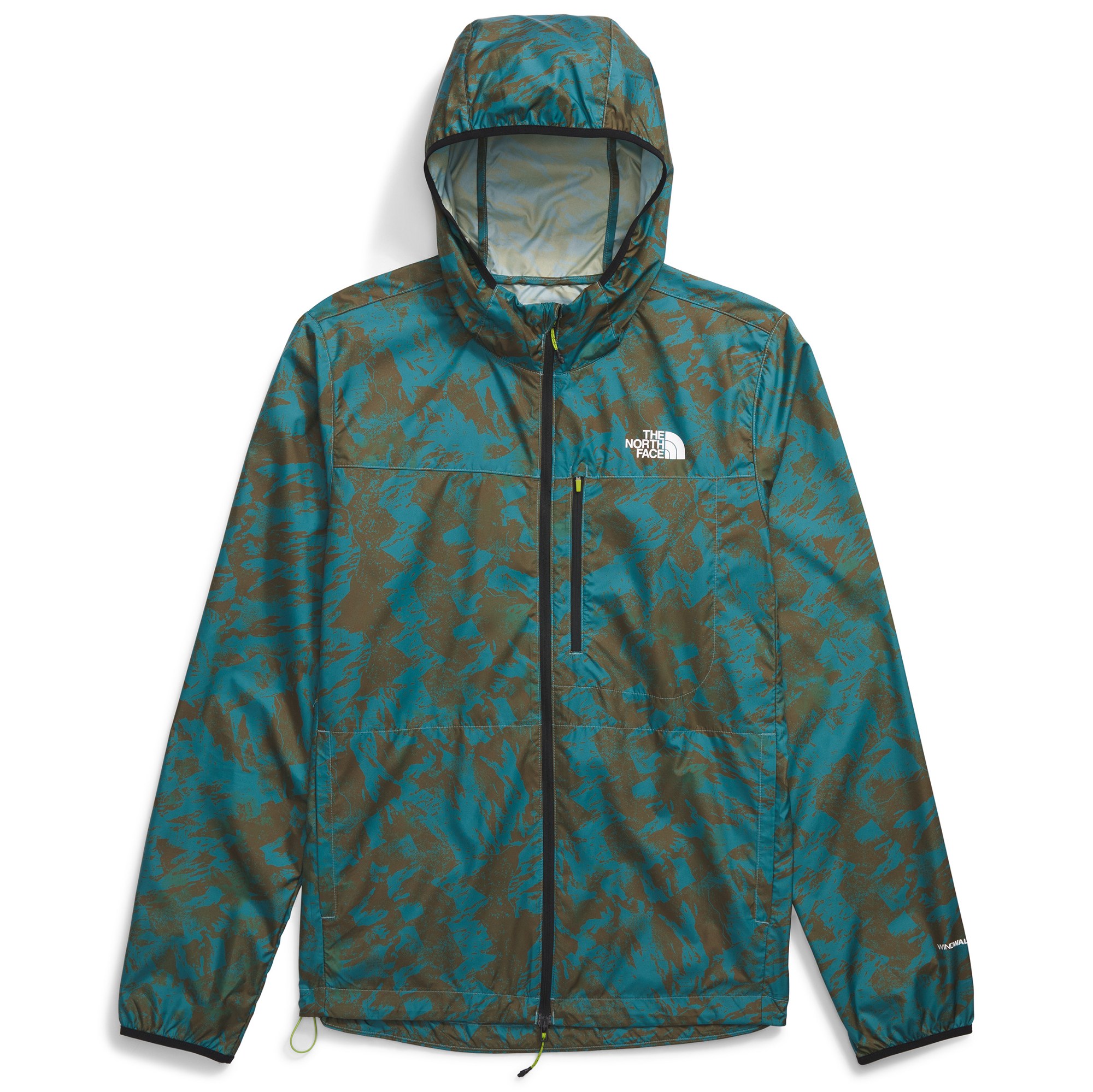 The North Face Higher Run Wind Jacket is a lightweight, hooded jacket in a blue and brown camouflage pattern, featuring a zippered front, chest pocket, and the brand logo on the chest.