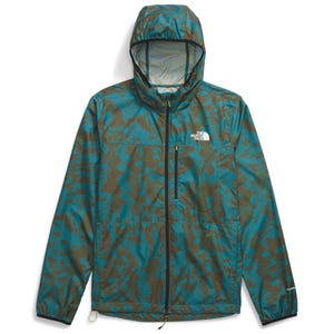 The North Face Higher Run Wind Jacket is a lightweight, hooded jacket in a blue and brown camouflage pattern, featuring a zippered front, chest pocket, and the brand logo on the chest.