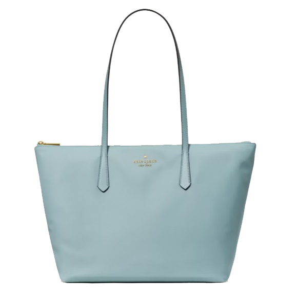Light blue tote bag with long handles and a gold zipper, featuring a small brand logo in the center.
