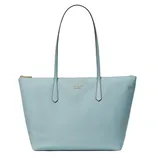 Light blue tote bag with long handles and a gold zipper, featuring a small brand logo in the center.