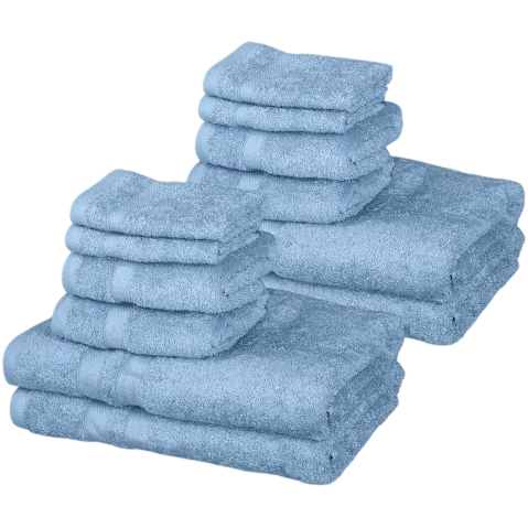 A set of light blue towels, including bath towels, hand towels, and washcloths, neatly stacked.