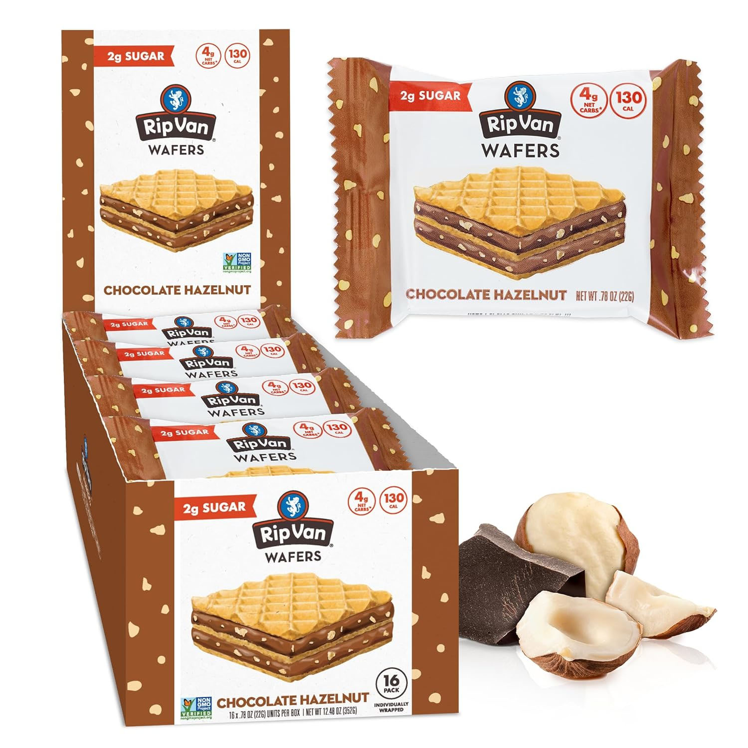 Rip Van Wafers, Chocolate Hazelnut flavor, display a low sugar content (2g) and 130 calories per serving. The packaging shows individually wrapped wafers with a box containing 16 packs.