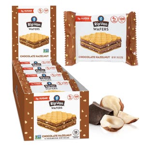Rip Van Wafers, Chocolate Hazelnut flavor, display a low sugar content (2g) and 130 calories per serving. The packaging shows individually wrapped wafers with a box containing 16 packs.