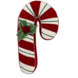A festive felt candy cane ornament in red and white, adorned with a green holly leaf and red berries.