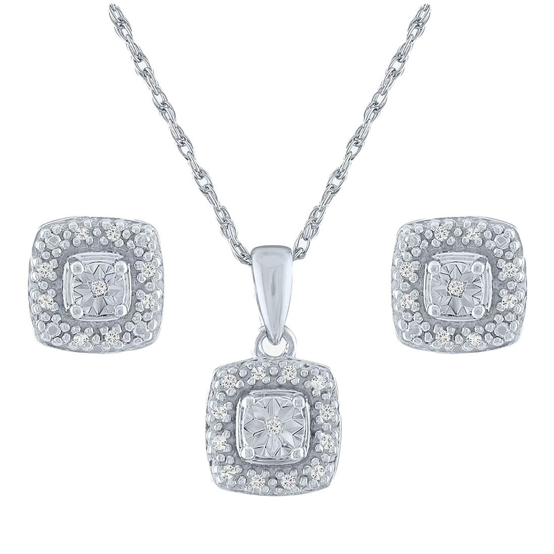 A silver necklace with a square pendant and matching square stud earrings, both adorned with small crystals.
