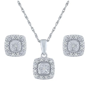 A silver necklace with a square pendant and matching square stud earrings, both adorned with small crystals.