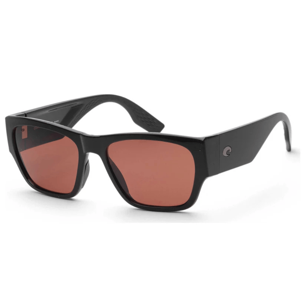 Black sunglasses with red-tinted lenses and a square frame.