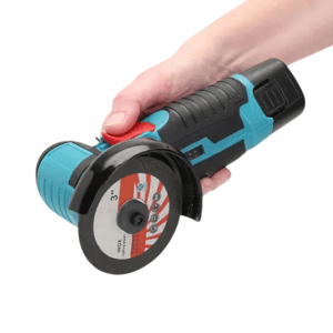A person is holding a blue and black cordless angle grinder with a grinding disc attached.