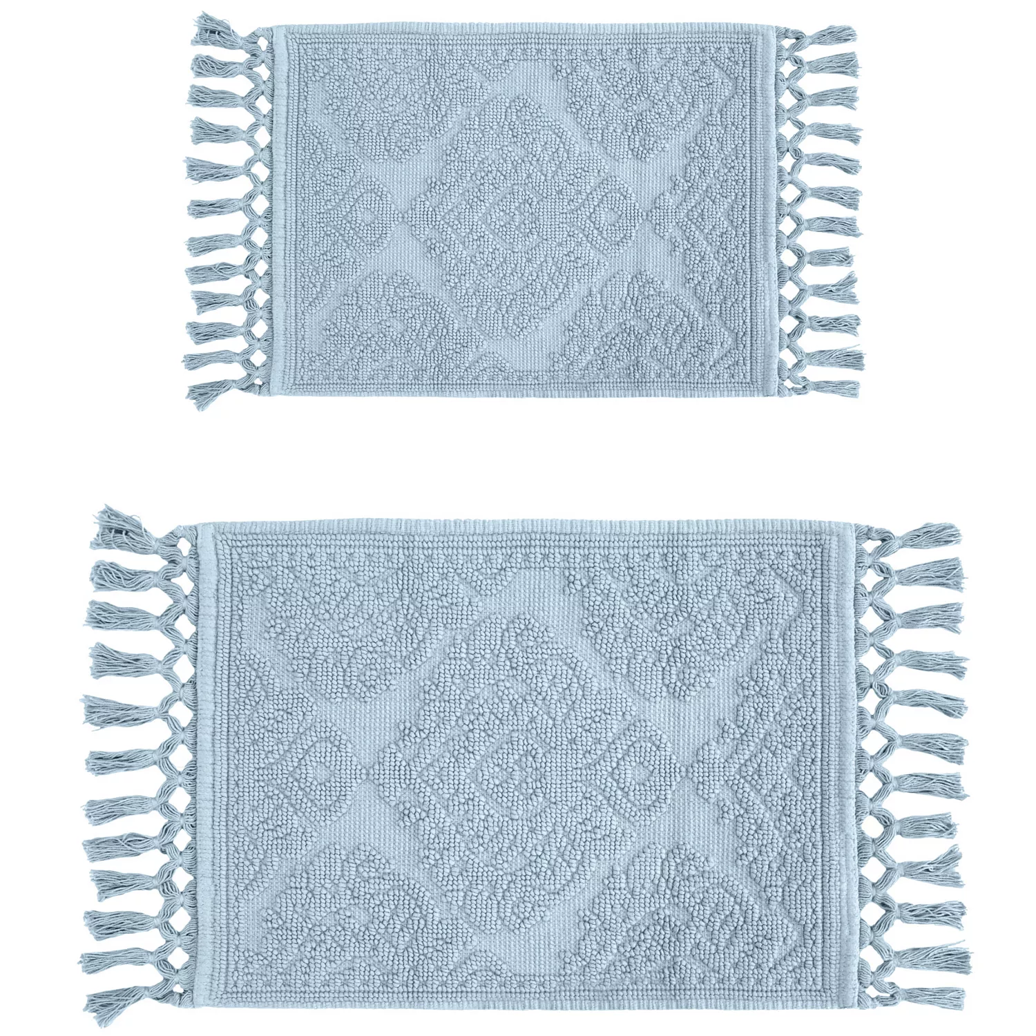 Two light blue, rectangular bath mats with tassel edges and a textured geometric pattern.