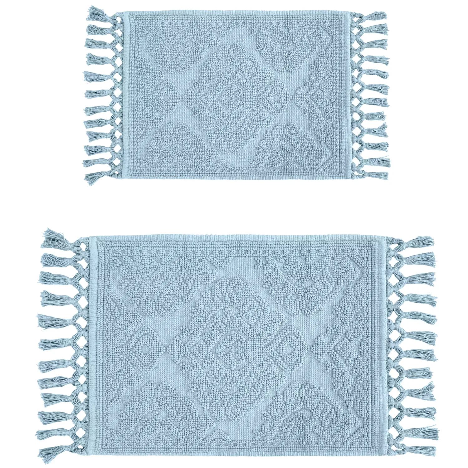 Two light blue, rectangular bath mats with tassel edges and a textured geometric pattern.