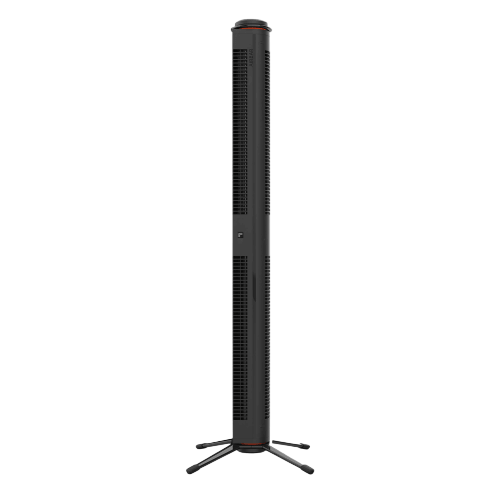 A tall, slim, black tower fan with a central ventilation column and four legged support base.
