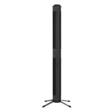 A tall, slim, black tower fan with a central ventilation column and four legged support base.