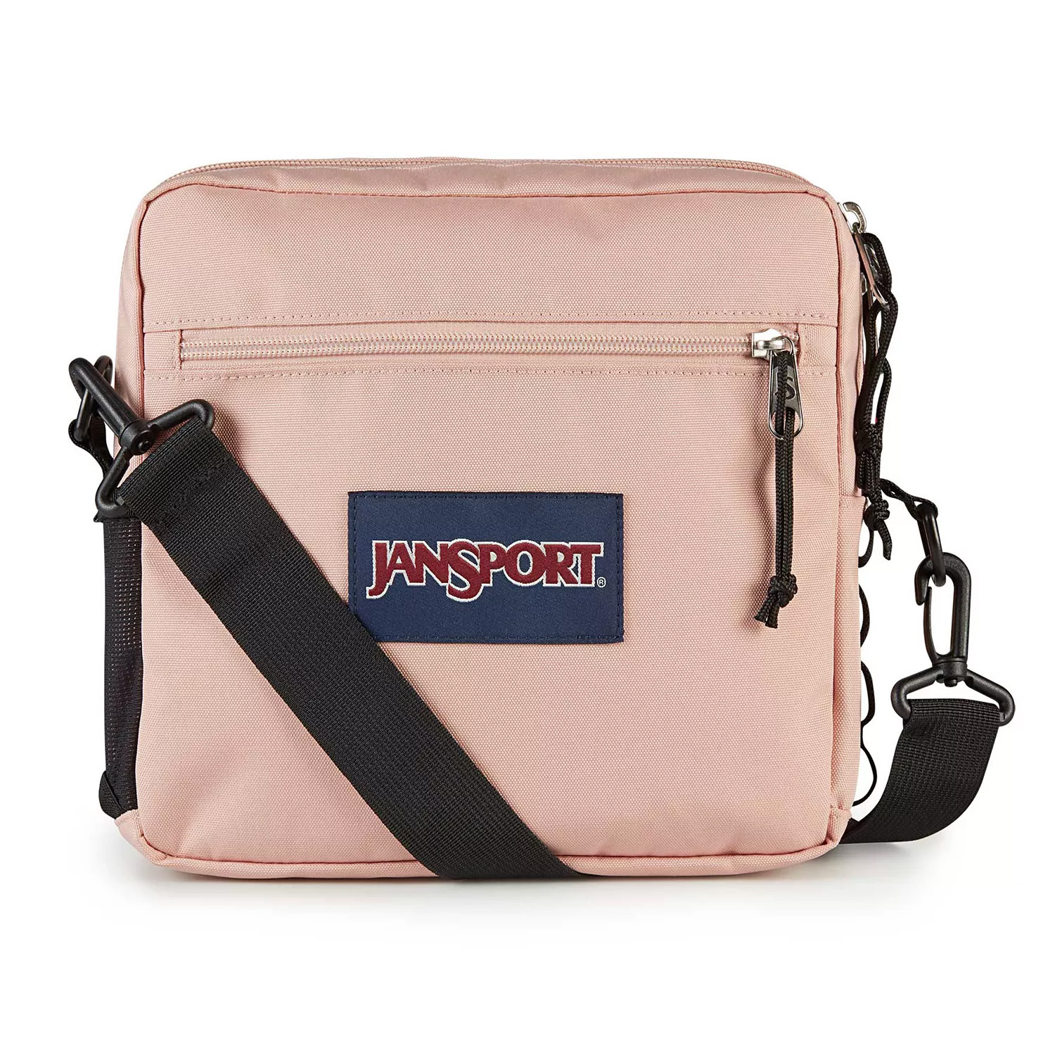 Pink JanSport crossbody bag with a black adjustable strap and front zipper pocket, featuring the JanSport logo.