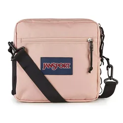 Pink JanSport crossbody bag with a black adjustable strap and front zipper pocket, featuring the JanSport logo.