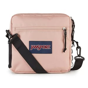 Pink JanSport crossbody bag with a black adjustable strap and front zipper pocket, featuring the JanSport logo.
