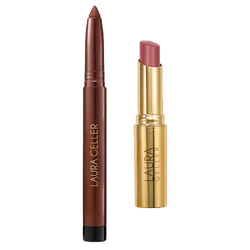 Two Laura Geller makeup items are shown: a slender brown crayon-style pencil and a gold tube of lipstick with a pink shade.