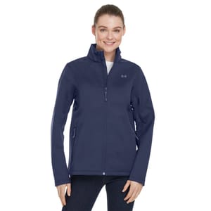 A navy blue Under Armour ColdGear Shield Jacket featuring a full zip, high collar, and zippered hand pockets, designed for warmth and protection against the elements.
