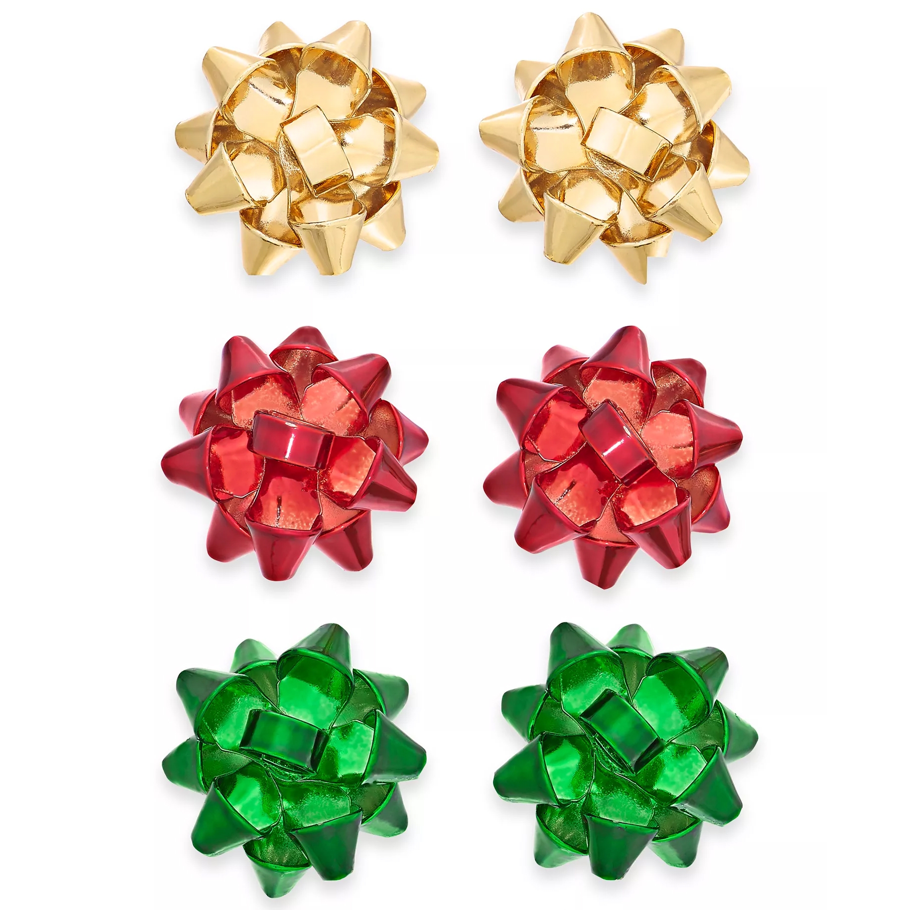 Gift bow earrings in gold, red, and green, styled to resemble traditional gift wrap bows, arranged in pairs.