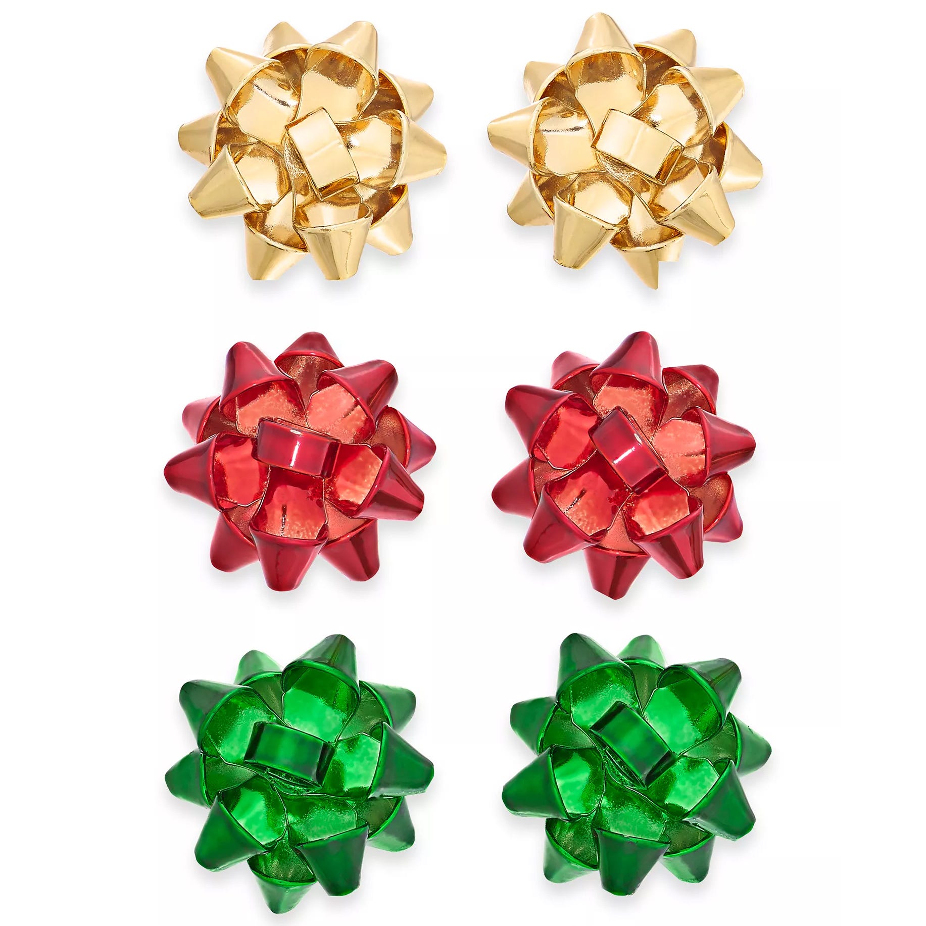 Gift bow earrings in gold, red, and green, styled to resemble traditional gift wrap bows, arranged in pairs.