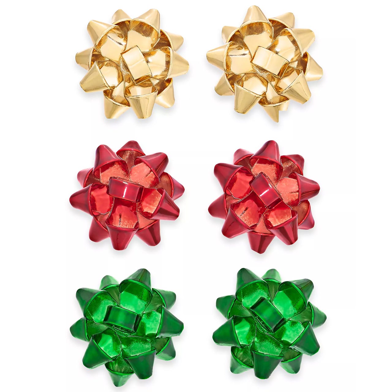 Gift bow earrings in gold, red, and green, styled to resemble traditional gift wrap bows, arranged in pairs.