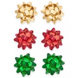 Gift bow earrings in gold, red, and green, styled to resemble traditional gift wrap bows, arranged in pairs.