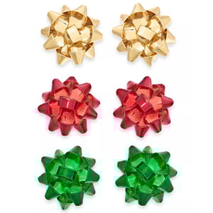 Gift bow earrings in gold, red, and green, styled to resemble traditional gift wrap bows, arranged in pairs.