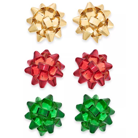 Gift bow earrings in gold, red, and green, styled to resemble traditional gift wrap bows, arranged in pairs.
