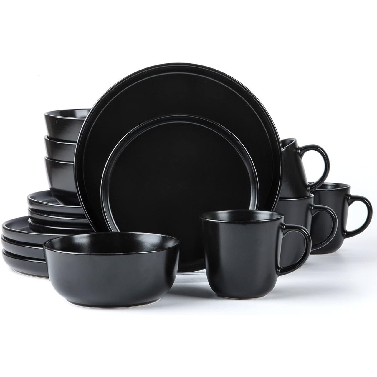 A black dinnerware set includes plates, bowls, and mugs.