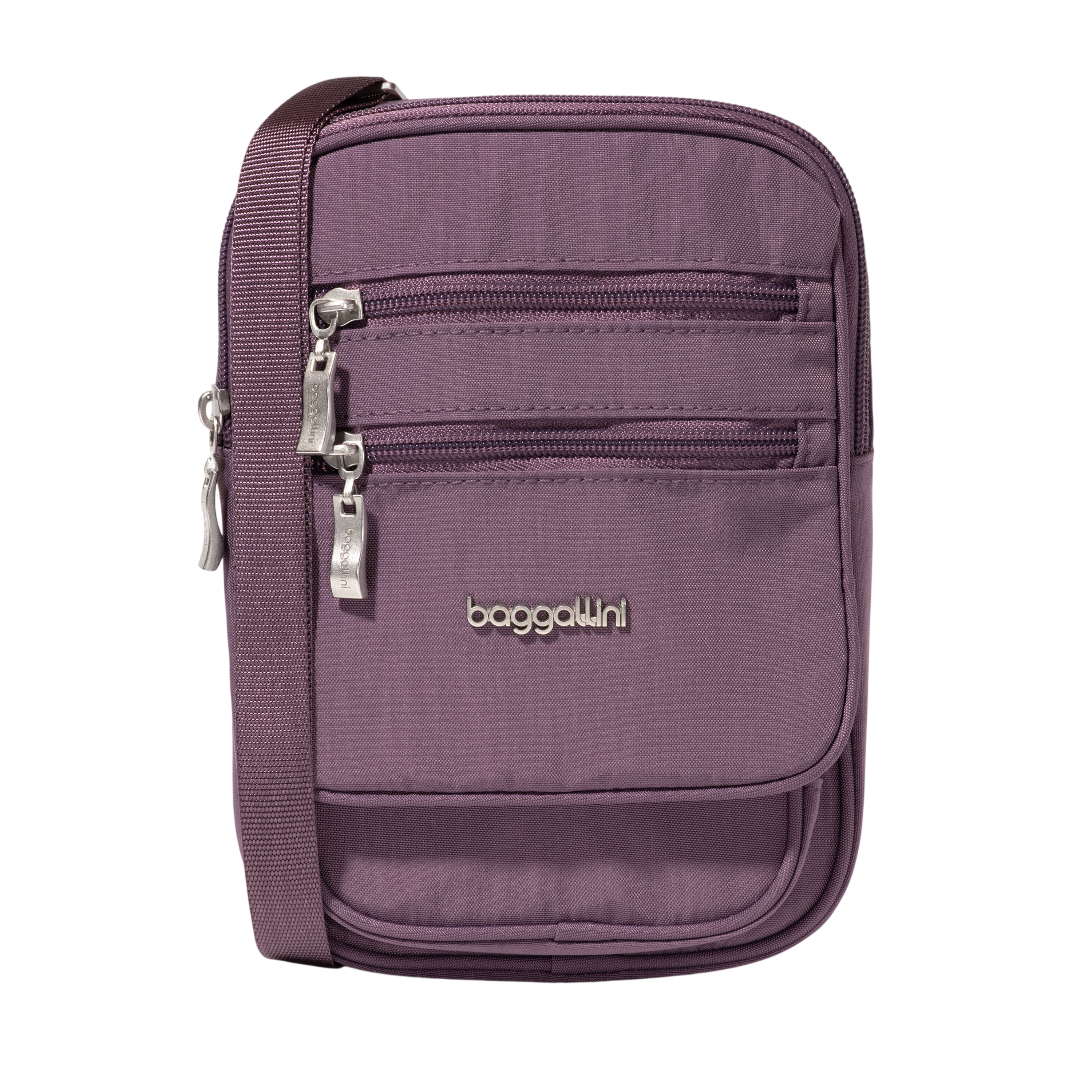 A purple Baggallini crossbody bag with multiple zippered compartments and a strap.