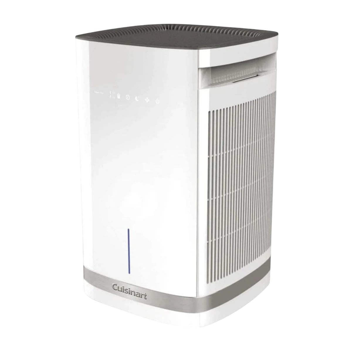 A white and gray Cuisinart air purifier with side vents and a streamlined design, featuring controls on the front panel.