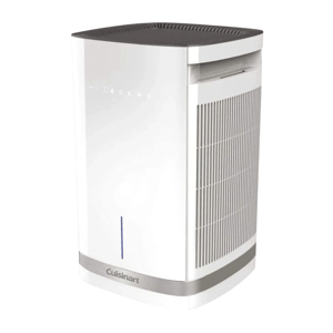 A white and gray Cuisinart air purifier with side vents and a streamlined design, featuring controls on the front panel.