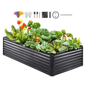 Vevor Galvanized Metal Garden Bed filled with various plants, including flowers and vegetables. Includes gardening tools, gloves, and plant labels. Dimensions: 8 x 4 x 1 ft.