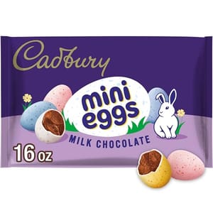 Cadbury Mini Eggs, milk chocolate, 16 oz package, featuring a purple design with colorful chocolate eggs and a white bunny.