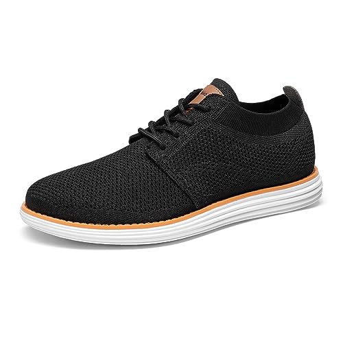 Black Bruno Marc sneakers with breathable mesh upper, traditional lace-up closure, contrasting white sole and orange trim around the outsole.